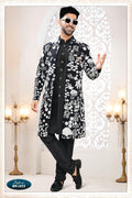 Men wearing a black georgette straight kurta with all-over thread embroidery 3 piece set