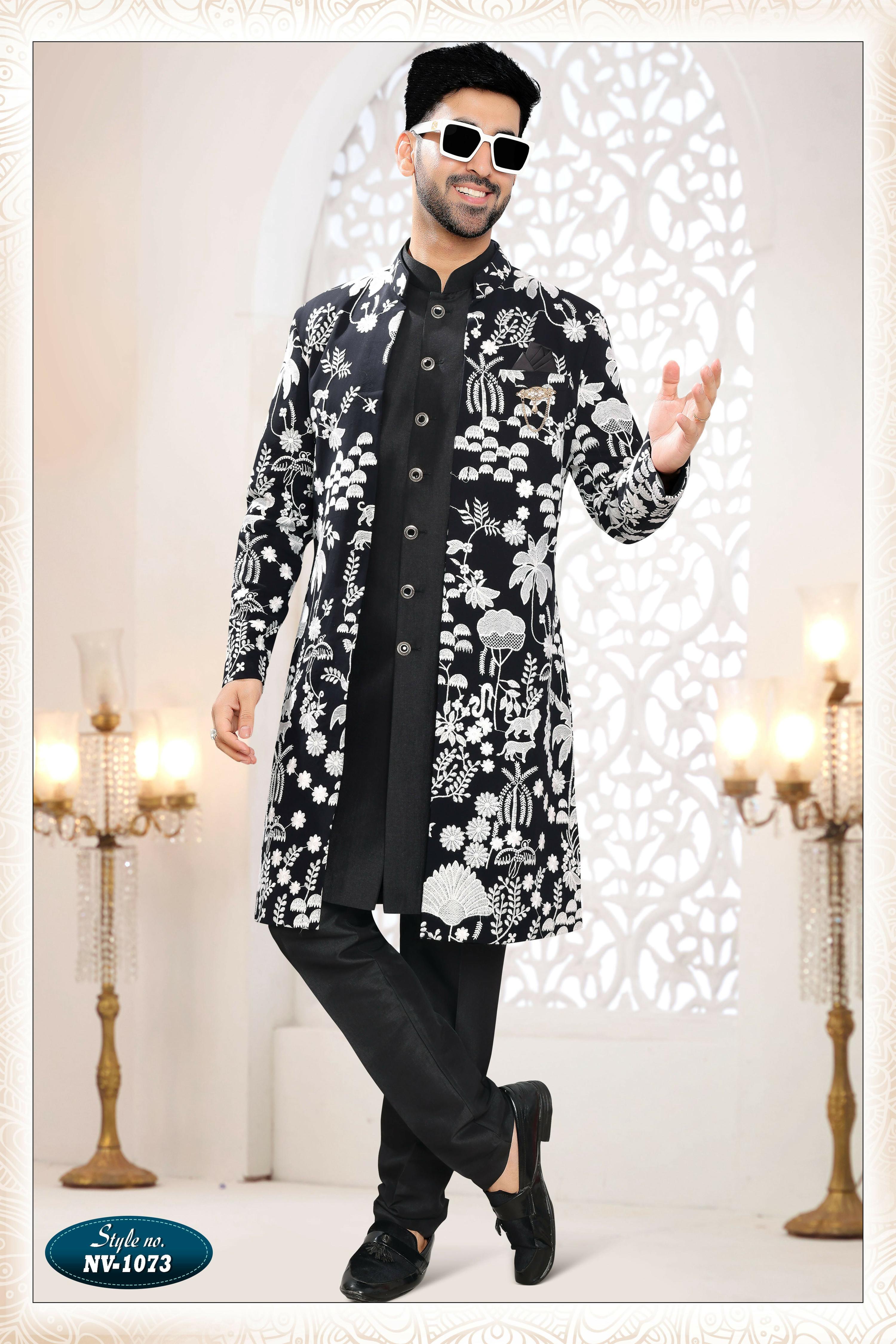 Men wearing a black georgette straight kurta with all-over thread embroidery 3 piece set