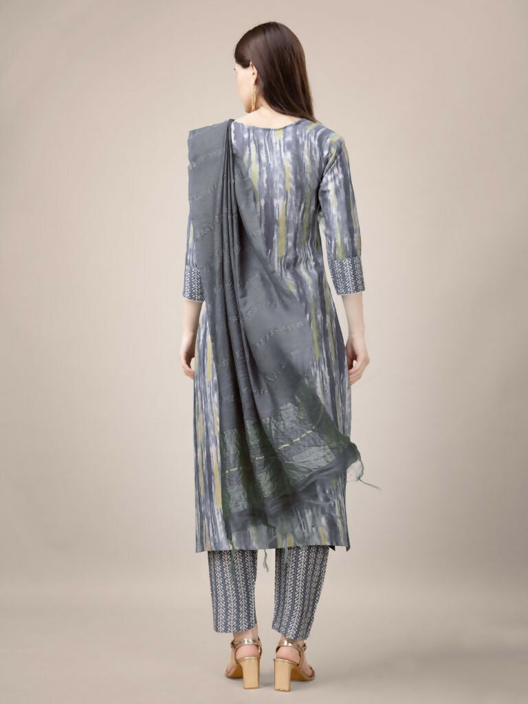 Women's Grey Rayon Printed Kurta Set with Embroidery and Lace