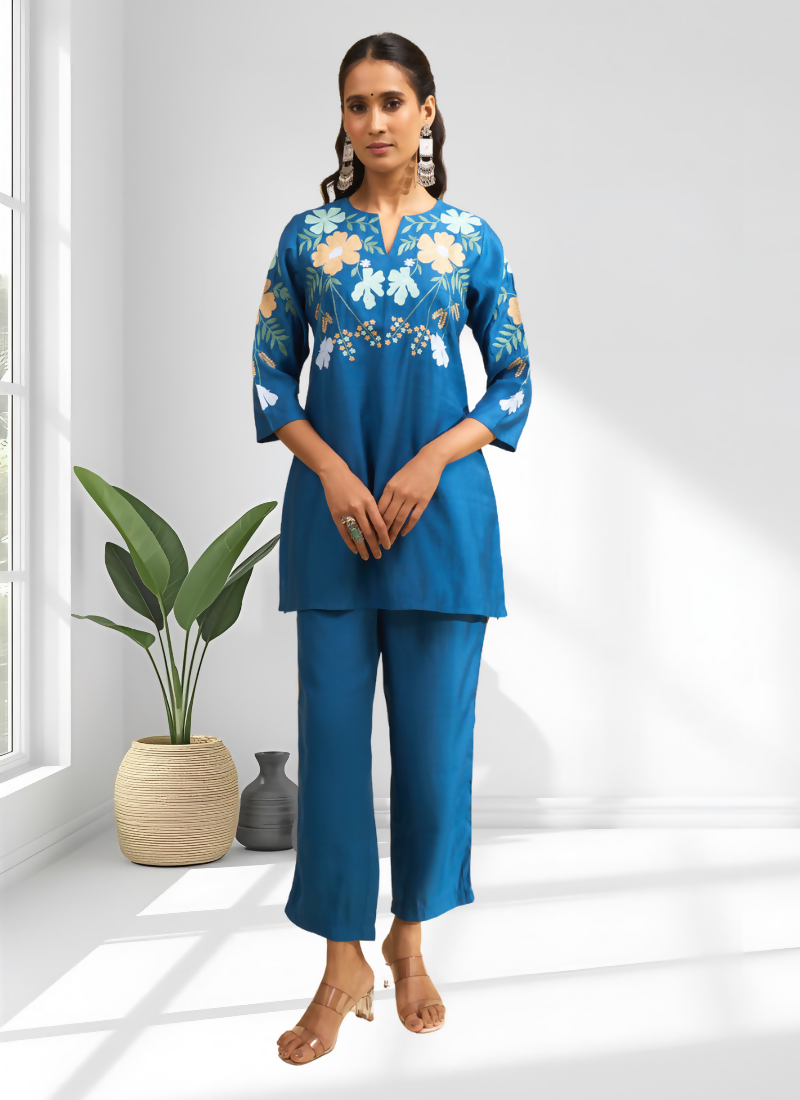 Teal Silk Embroidered Readymade Cord Set for Women