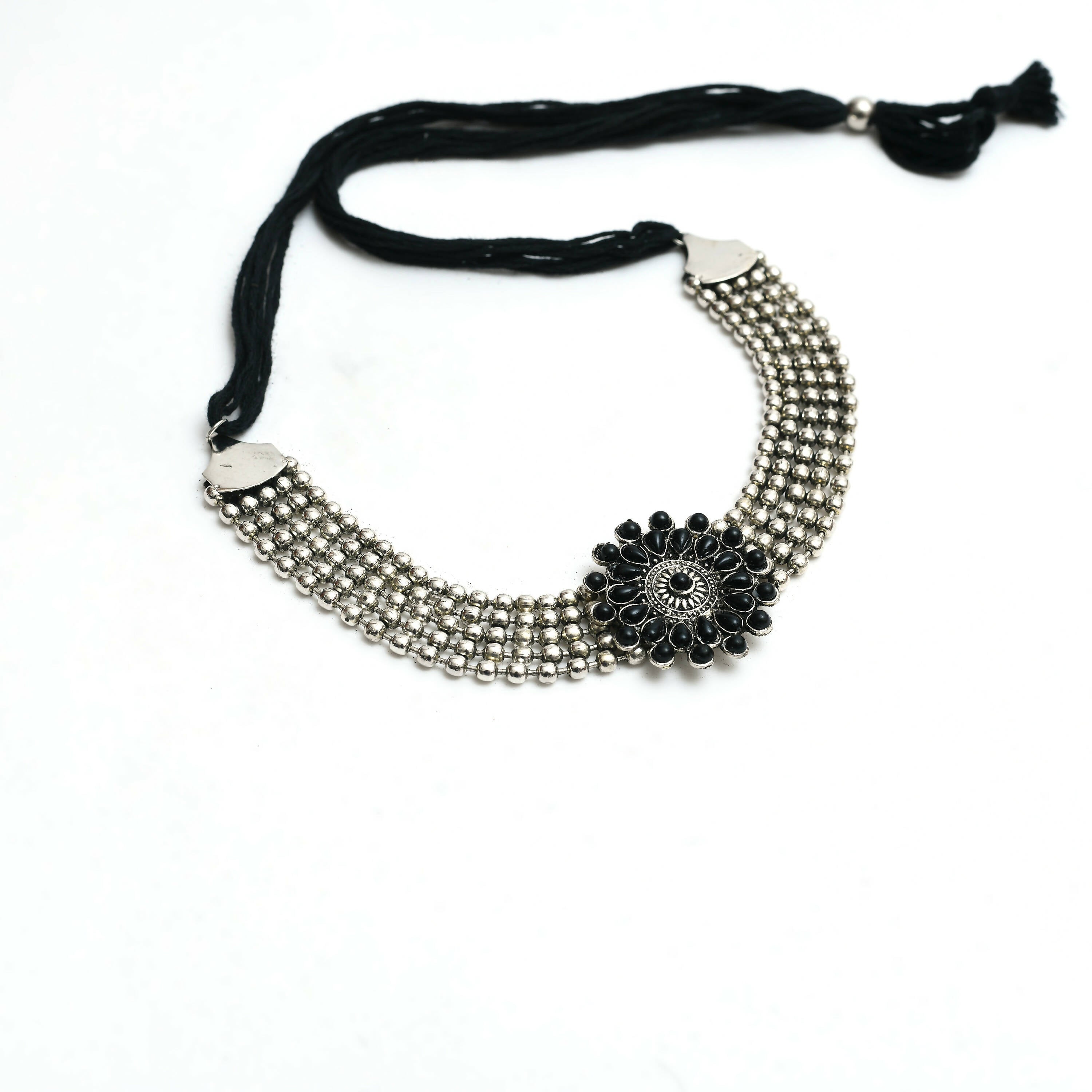 Silver-Plated Kundan Choker with Black Accents for Women
