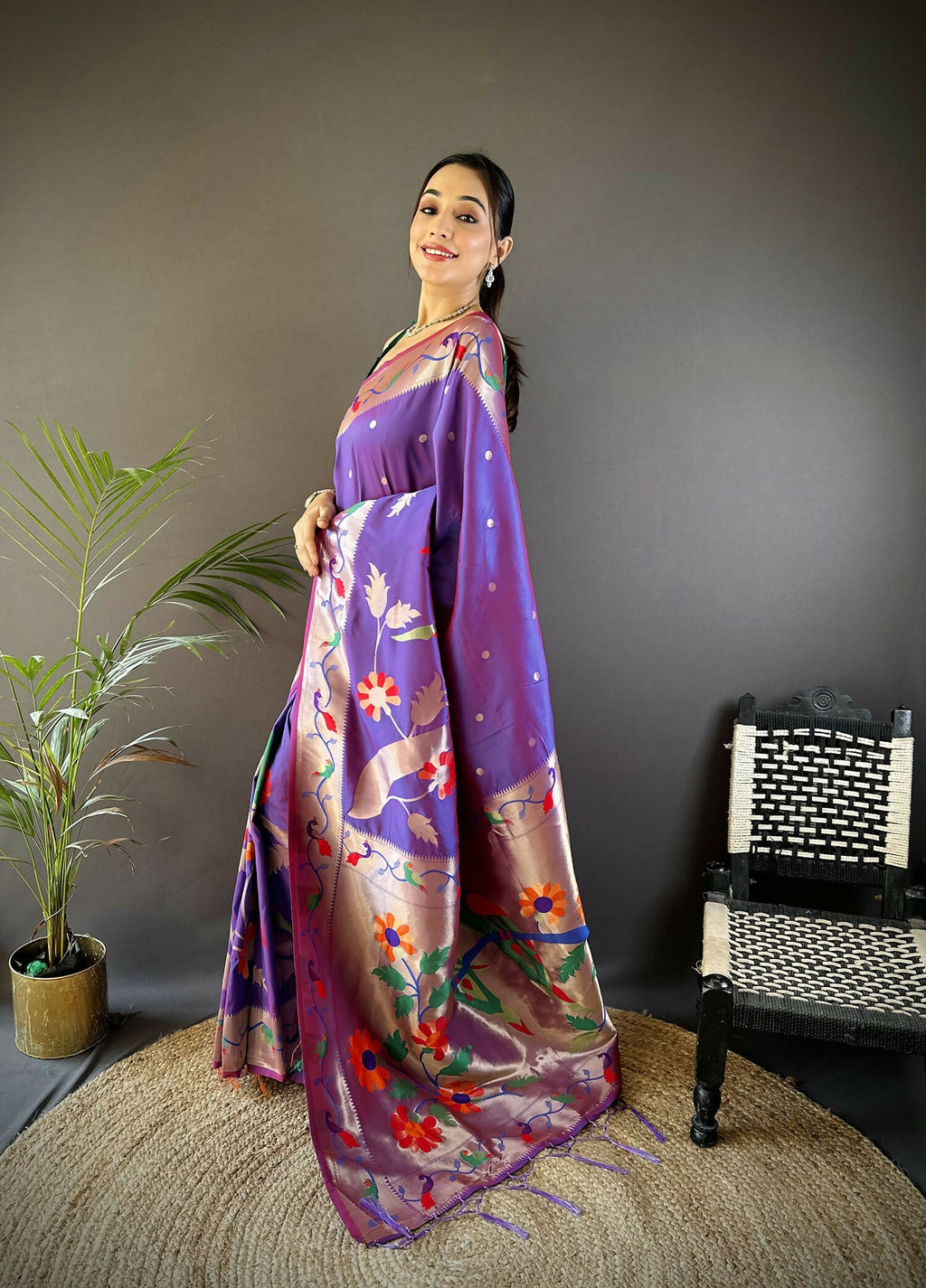 Purple Soft Silk Paithani Saree with Zari Woven Floral Motifs