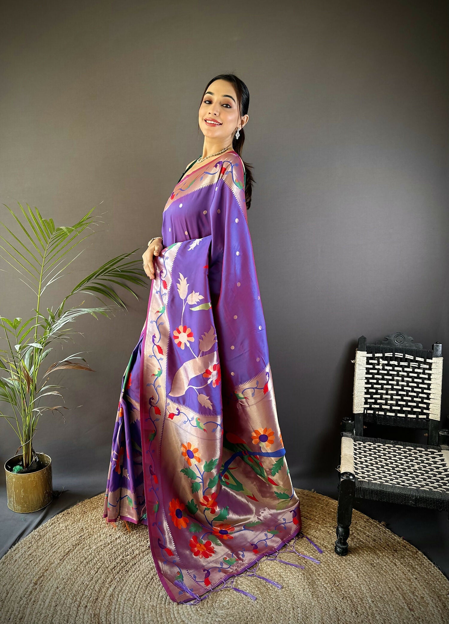 Purple Soft Silk Paithani Saree with Zari Woven Floral Motifs