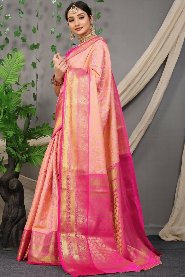 Peach Kanjivaram Silk Zari Woven Saree with Pink Blouse