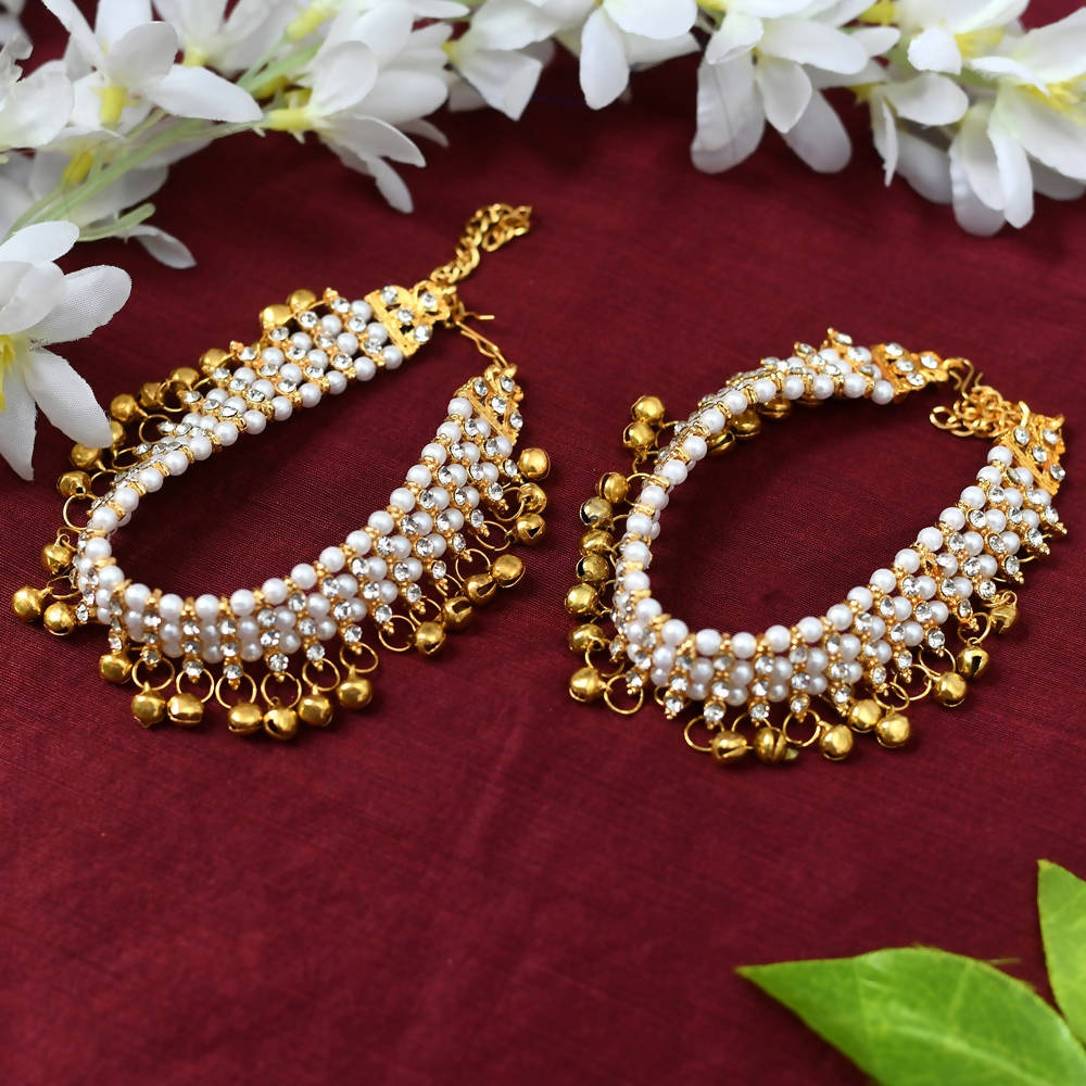 Gold-Polished Pearls Traditional Anklets for Elegant Styling