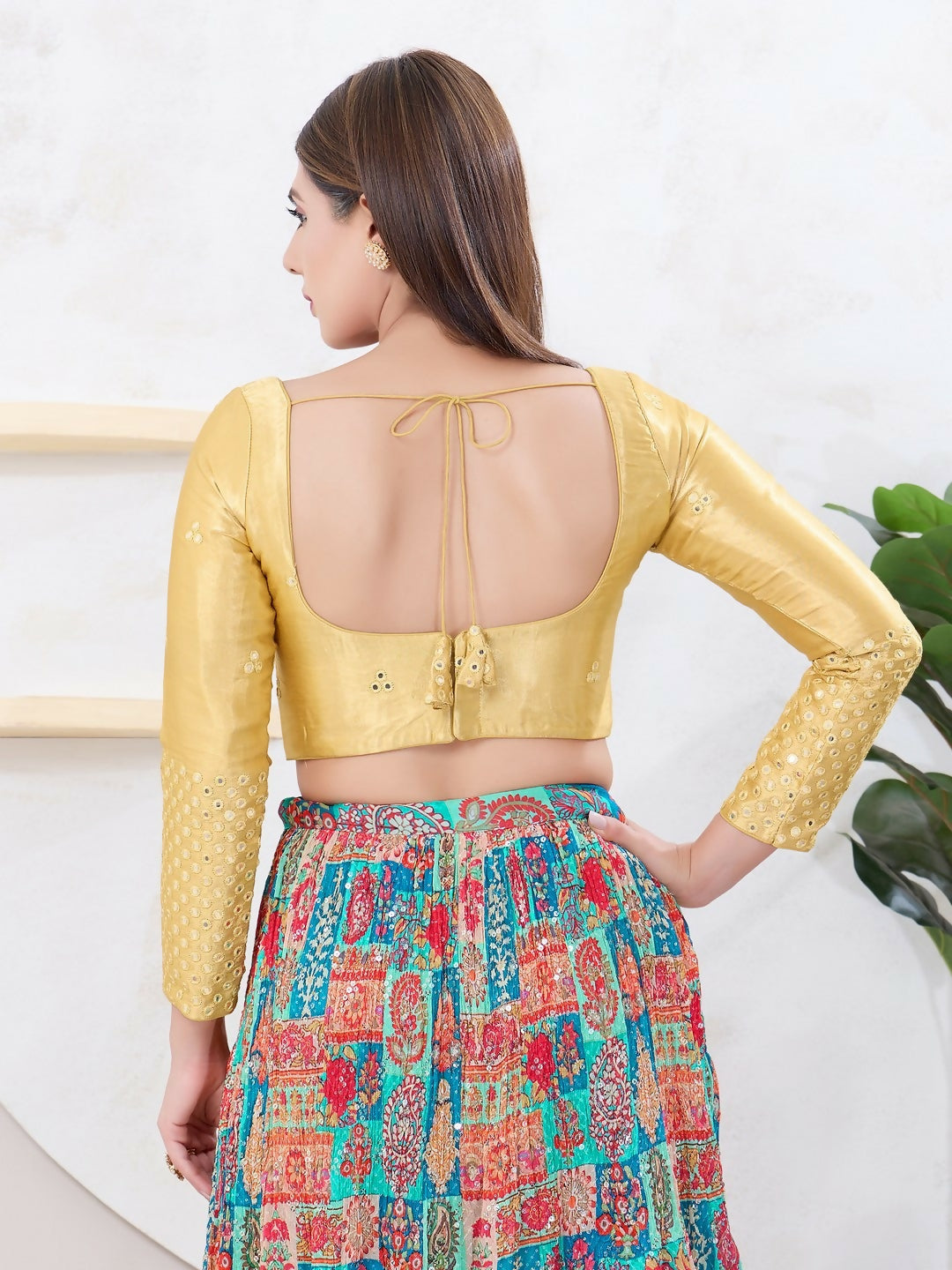 Gold Gajji Silk Sleeveless Elbow Length Blouse