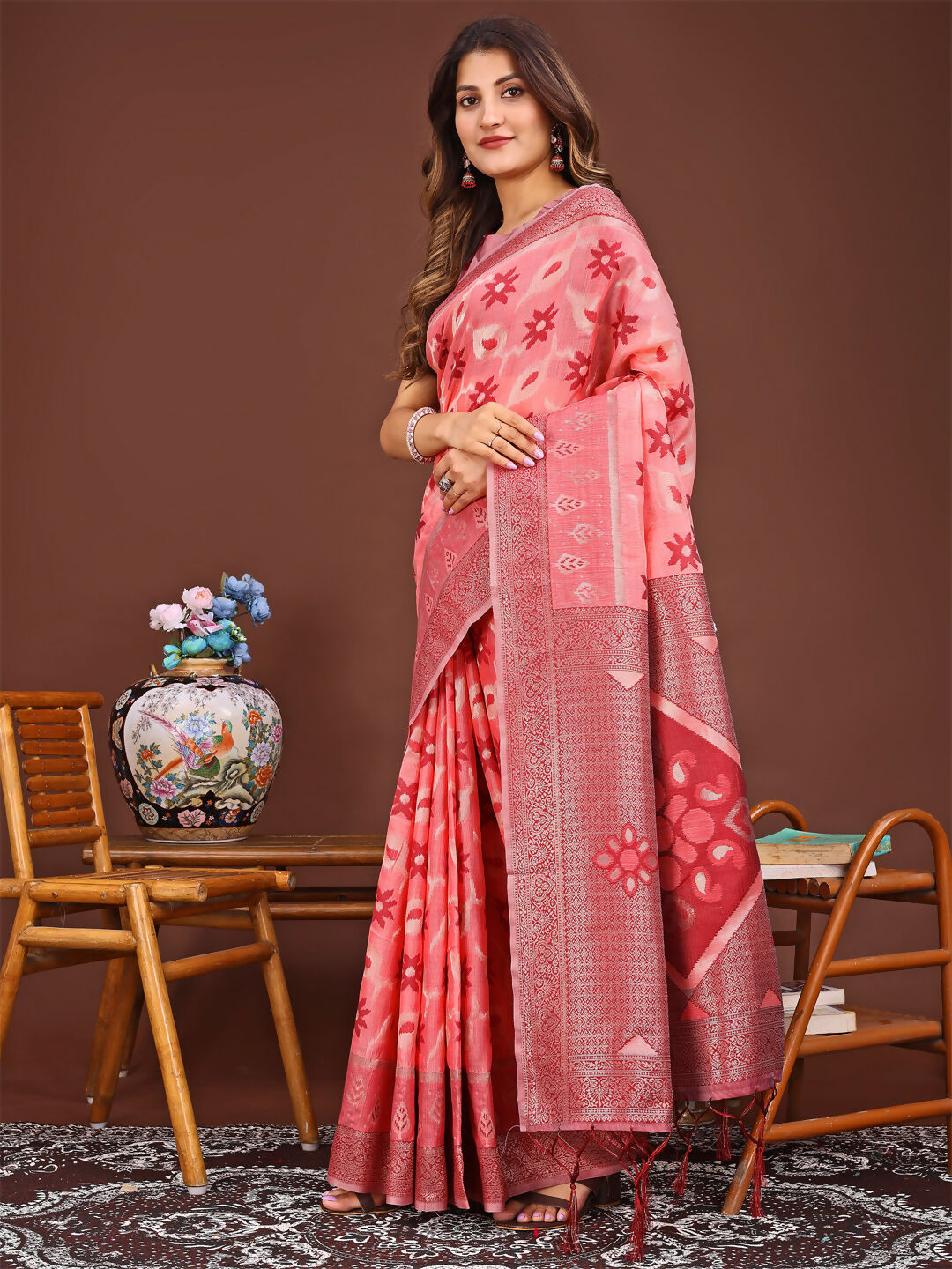 Peach Linen Cotton Saree with Matching Blouse Piece