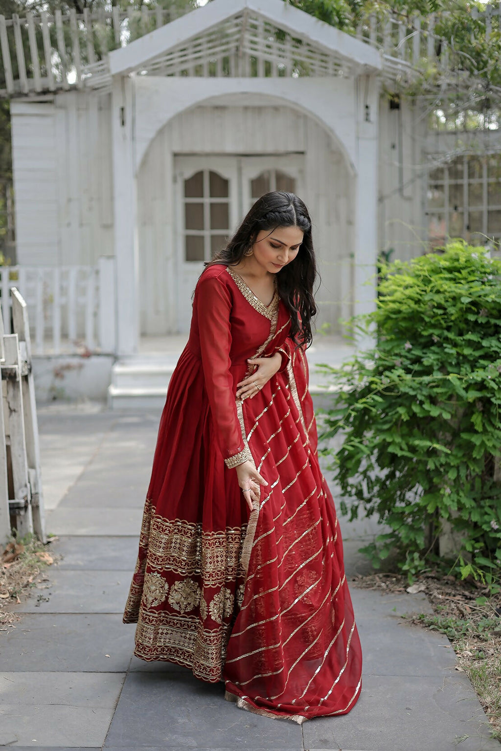 Maroon Georgette Kurta Set with Intricate Sequence Embroidery