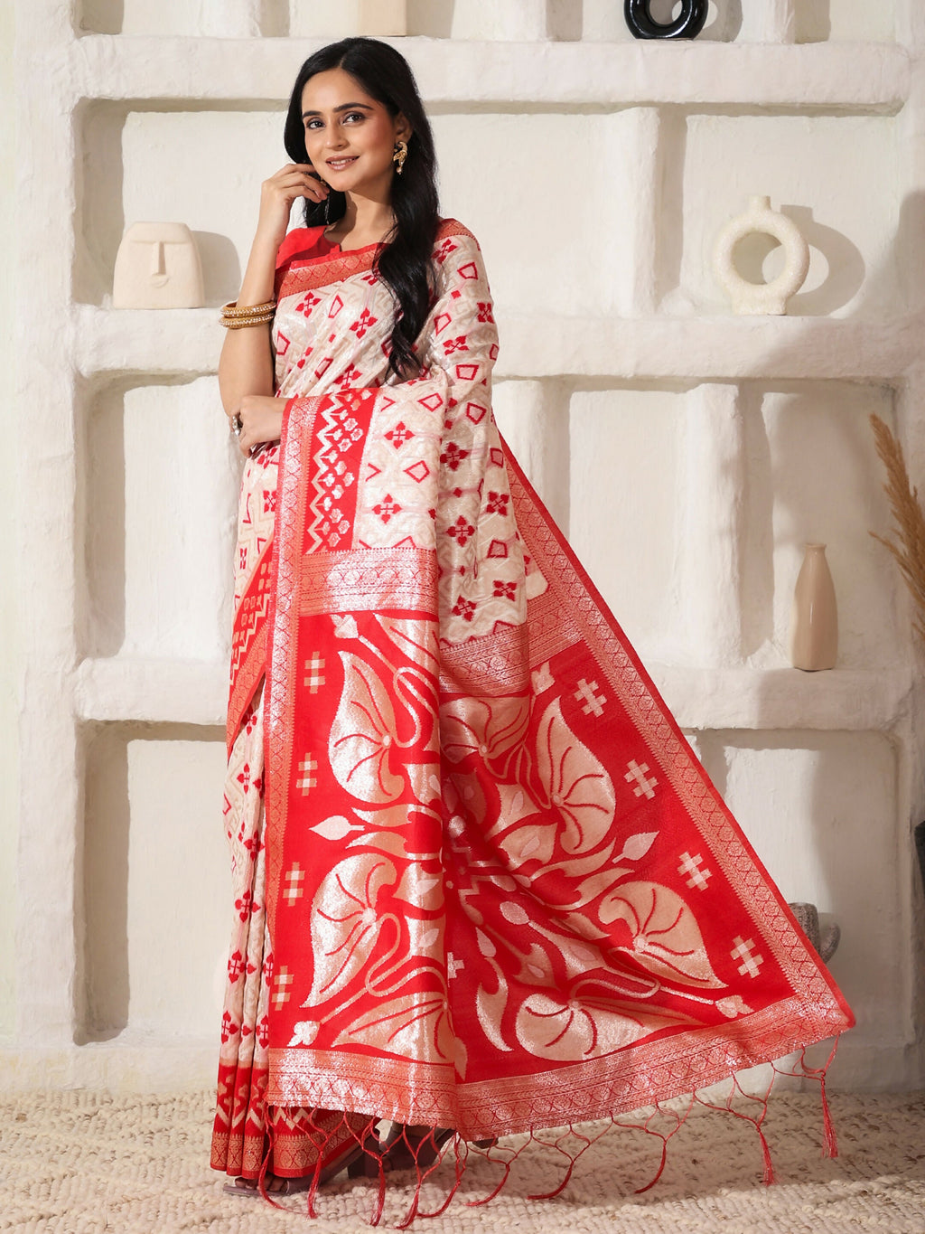 Red and White Linen Cotton Saree with Matching Blouse