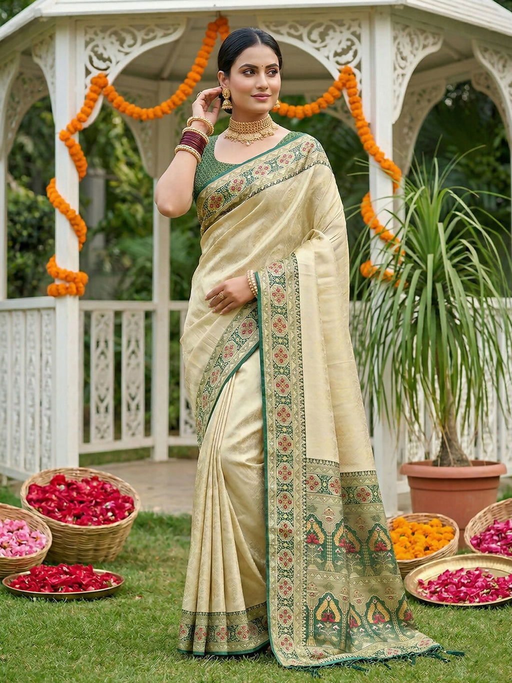 Stunning green soft silk saree with matching blouse material