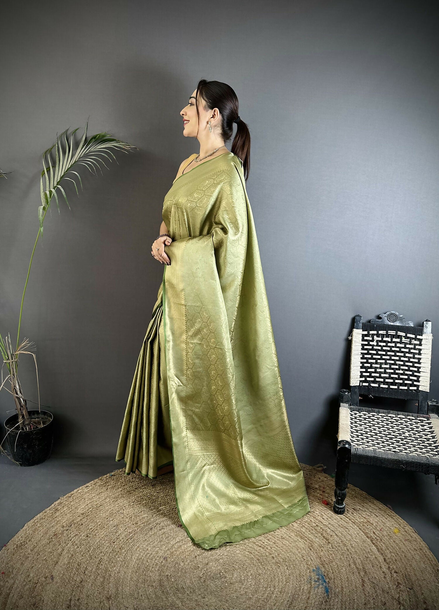 Dusty Green Banarasi Silk Saree with Paisley and Floral Motifs