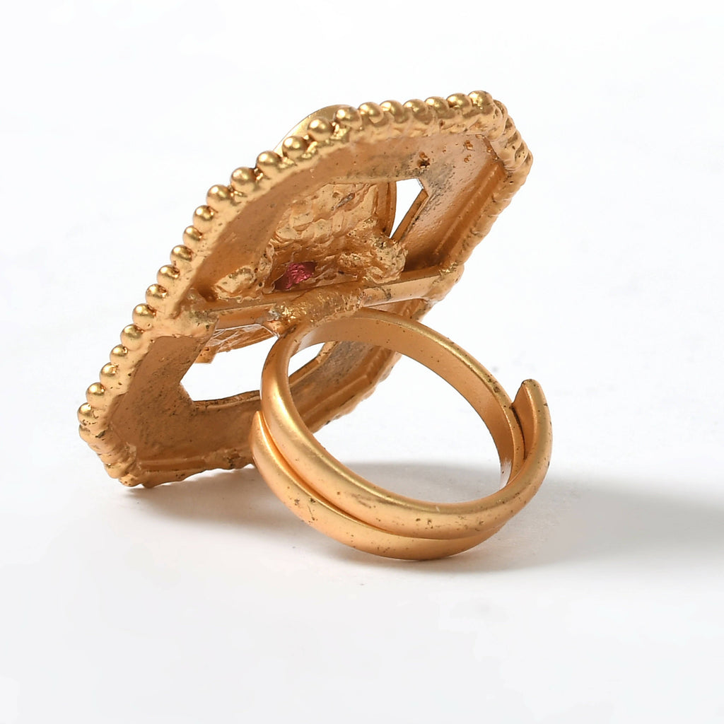 Traditional Gold-Polished Stone Studded Adjustable Ring