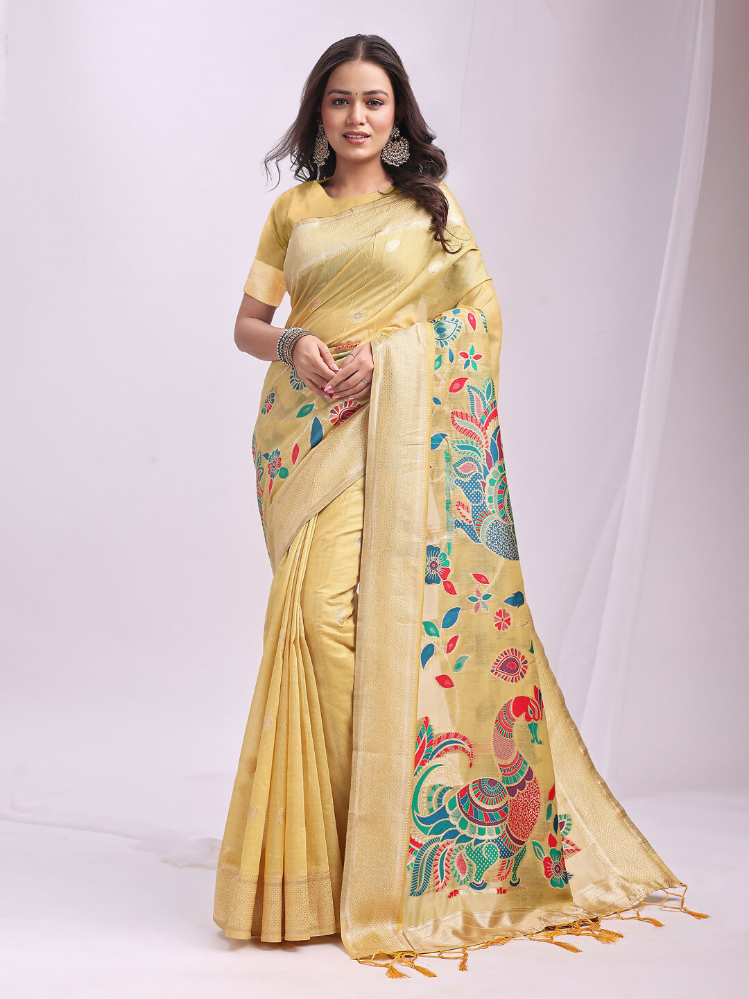 Women's Yellow Linen Cotton Saree - Classic Traditional Ethnic Wear