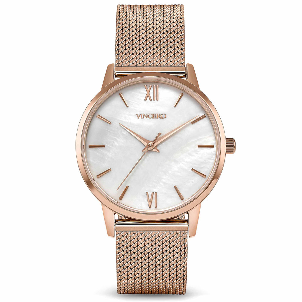Vincero Collective Eros Mesh Petite watch with rose gold case and white pearl dial on a mesh strap