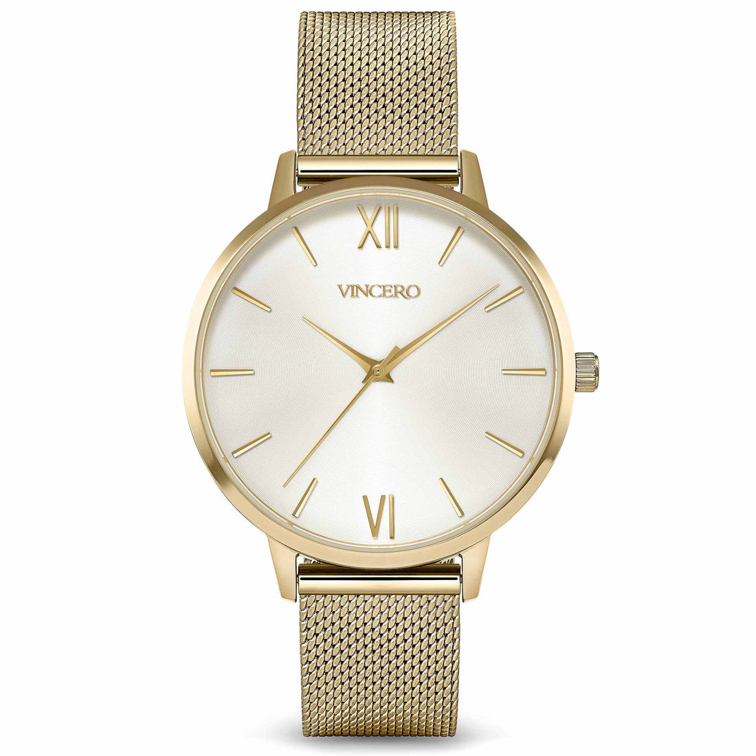 Close up of the Eros Mesh Gold and Satin analog watch featuring a 38mm gold dial.