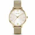 Close up of the Eros Mesh Gold and Satin analog watch featuring a 38mm gold dial.