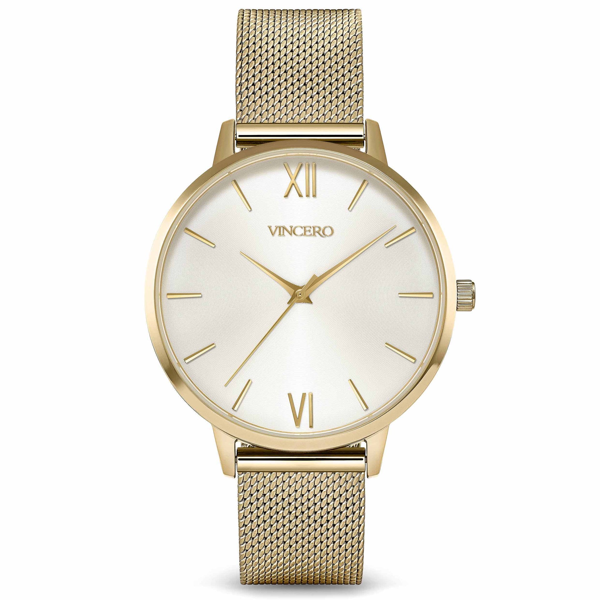Close up of the Eros Mesh Gold and Satin analog watch featuring a 38mm gold dial.