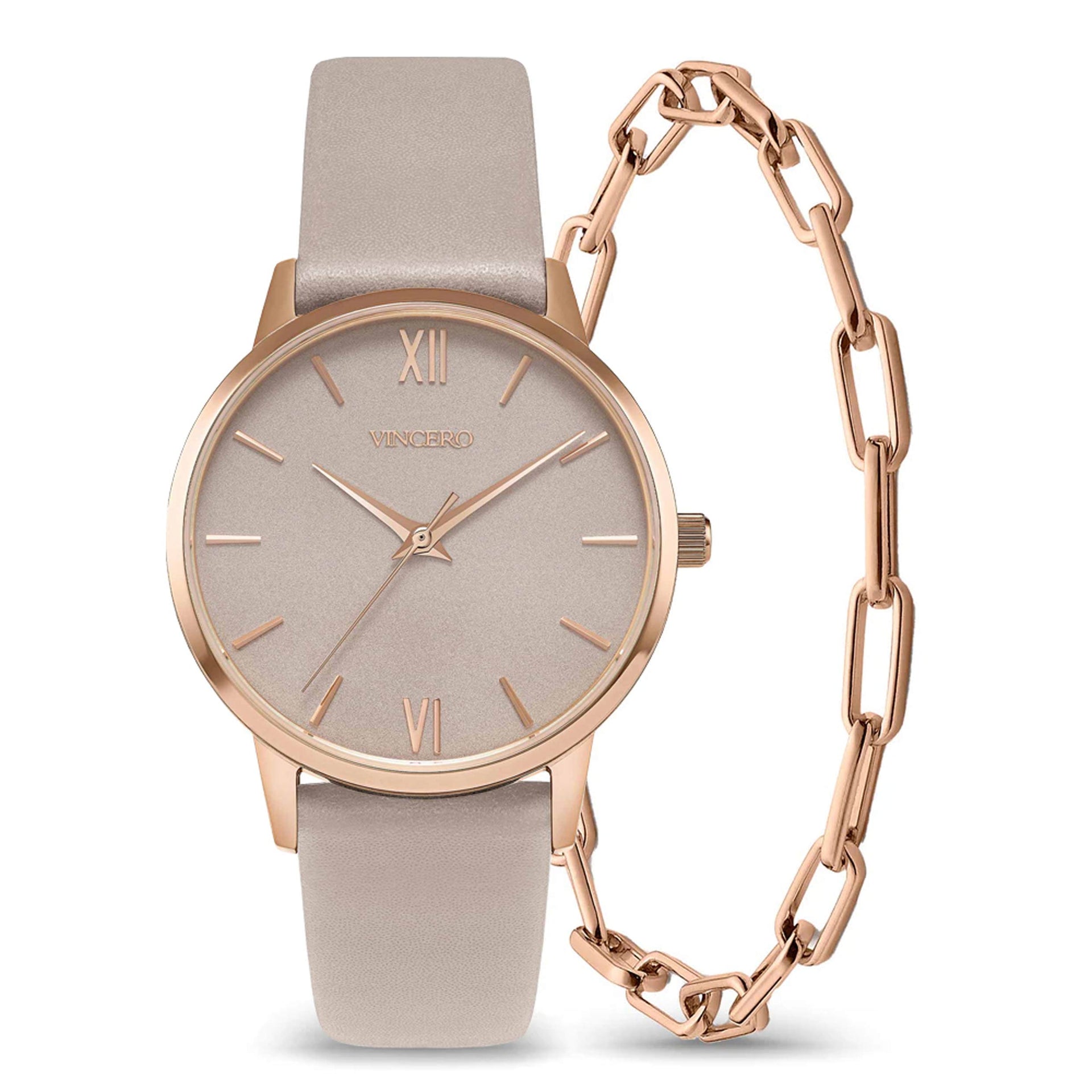 The Eros Rose watch and chain link bracelet set displayed elegantly on a clean background.