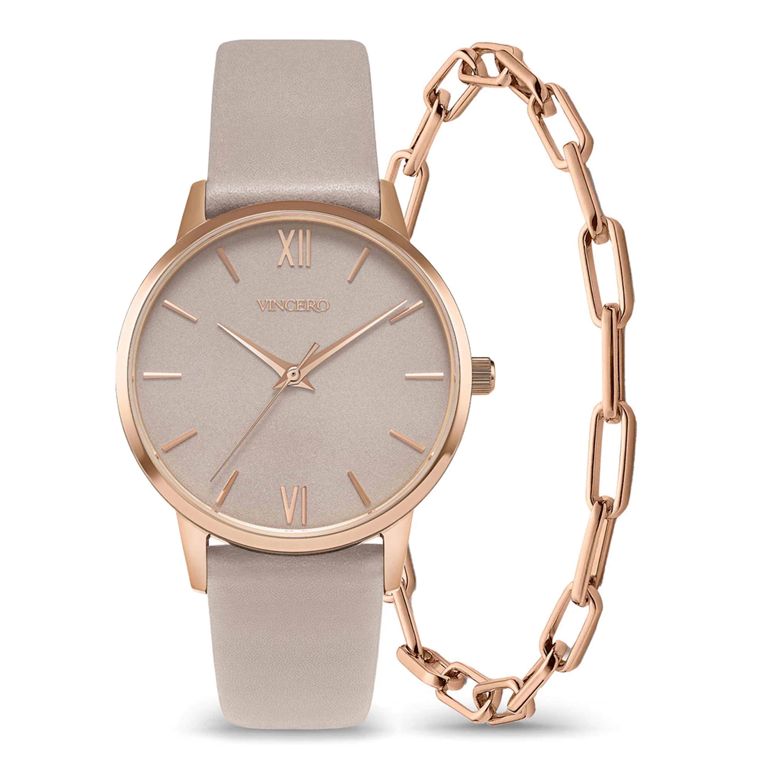 The Eros Rose watch and chain link bracelet set displayed elegantly on a clean background.