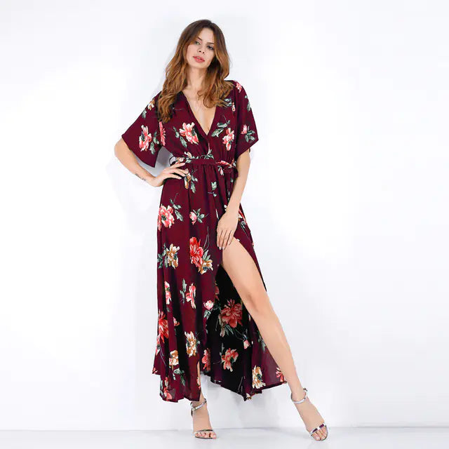 Women's Navy Blue Feather Print V-Neck Summer Maxi Dress - Image 31