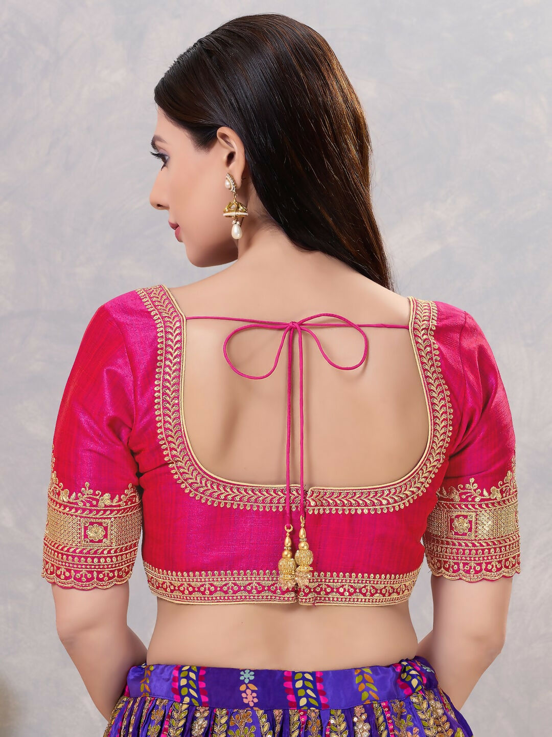 Dark-Pink Silk Stitched Blouse with Round Neck