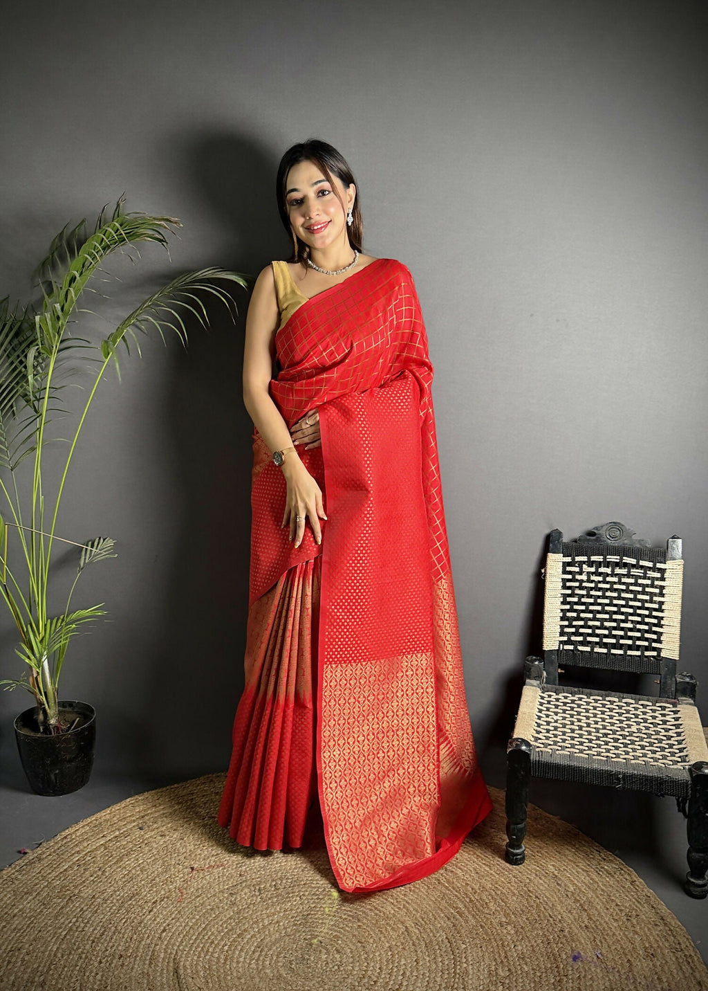 Joban Fashion Red Banarasi Soft Lichi Silk Checks & Woven Saree