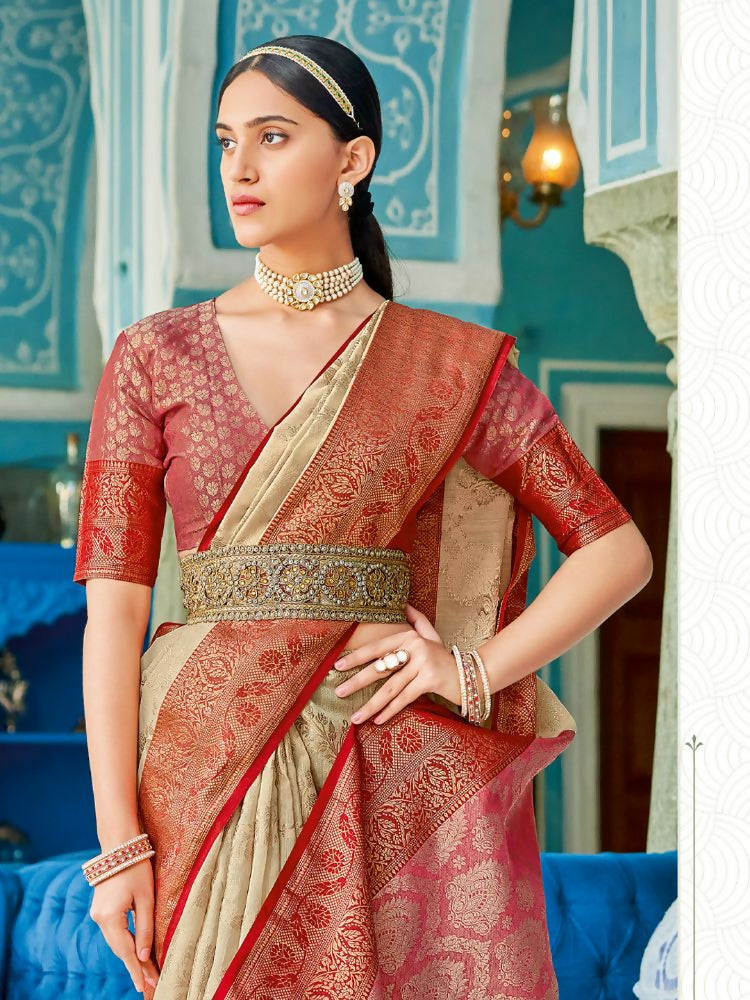 Cream Linen Cotton Saree with Contrast Red Blouse