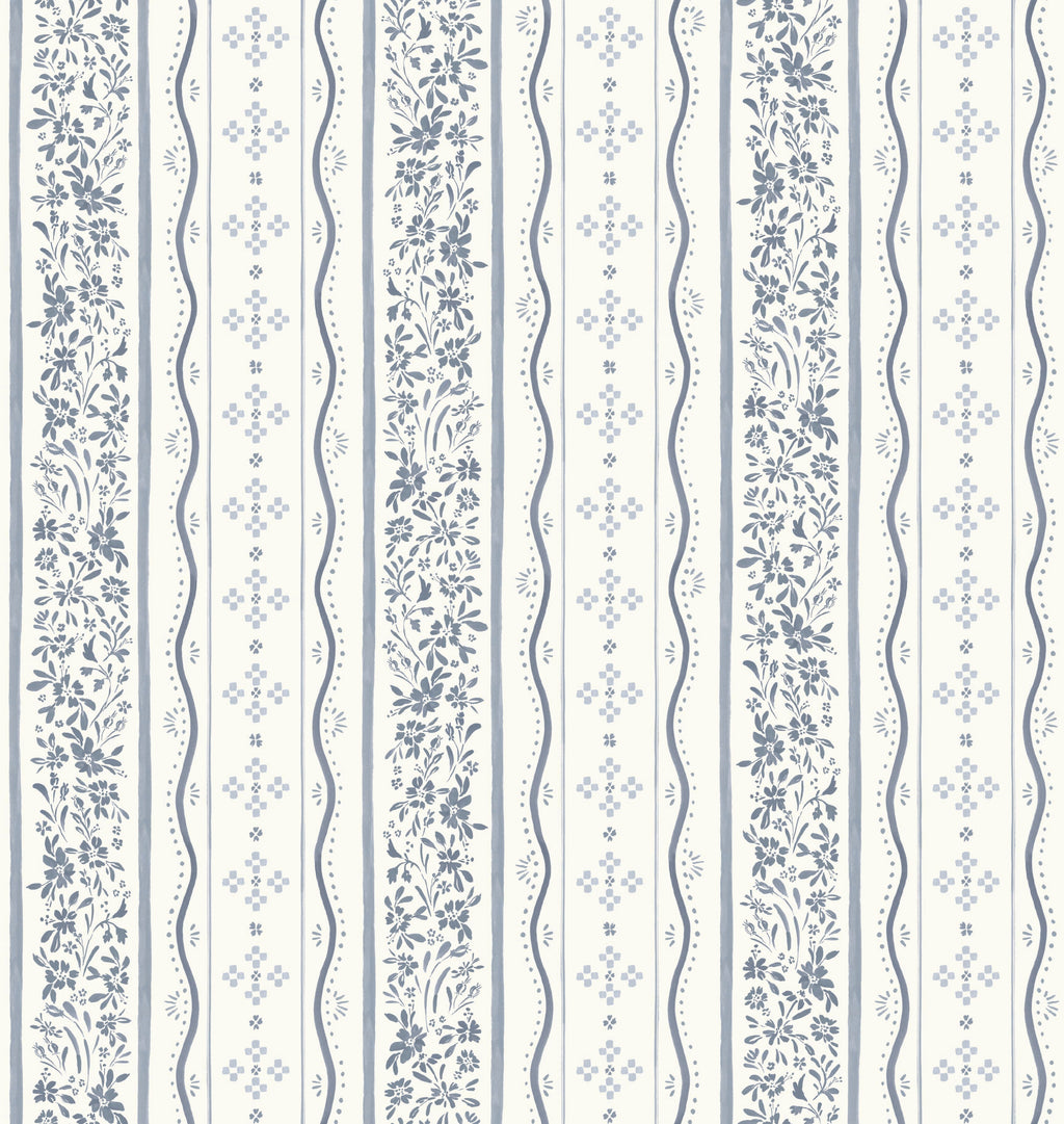 Blue White and Green Striped Traditional Wallpaper