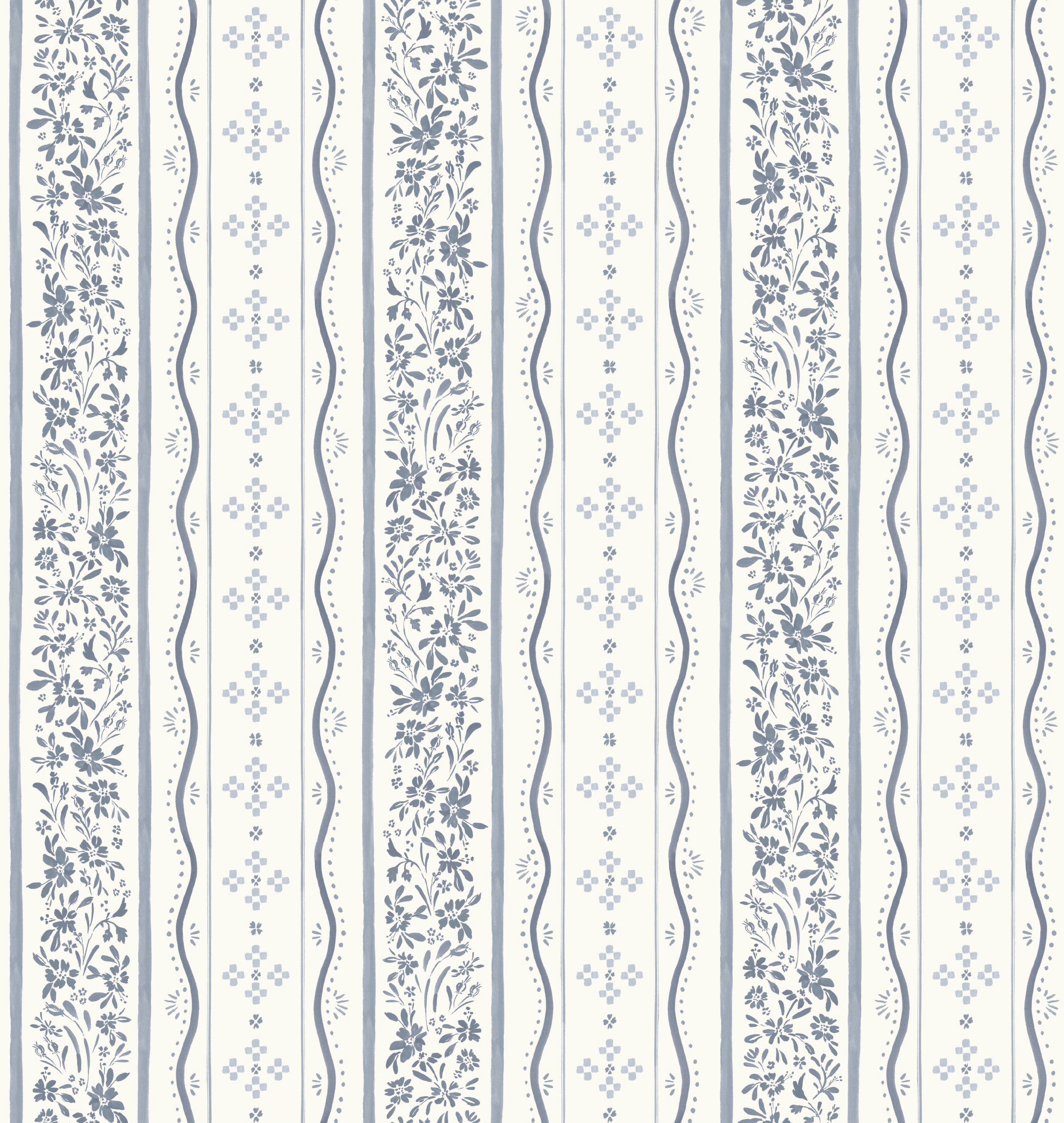 Blue White and Green Striped Traditional Wallpaper