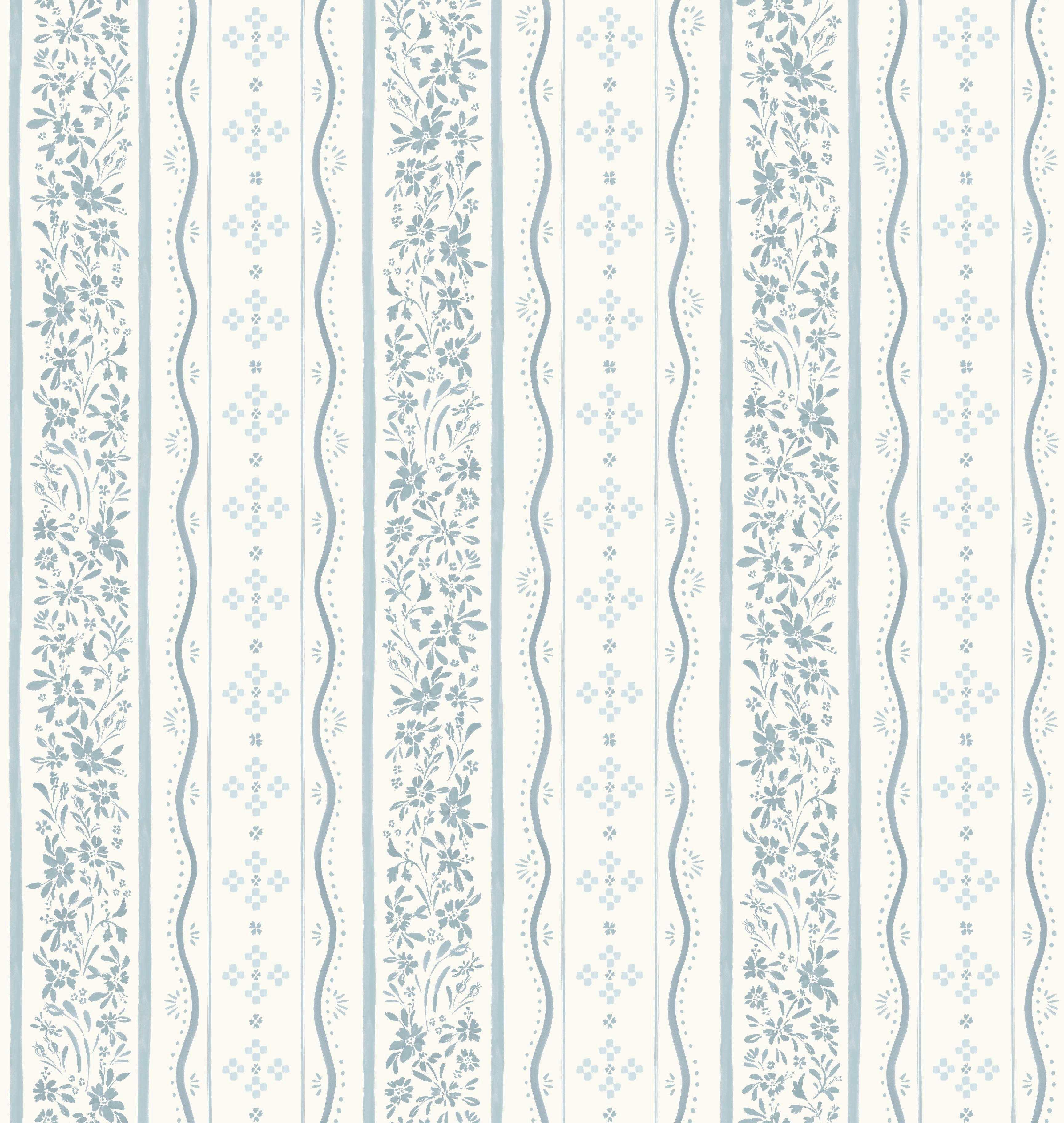 Blue White and Green Striped Traditional Wallpaper
