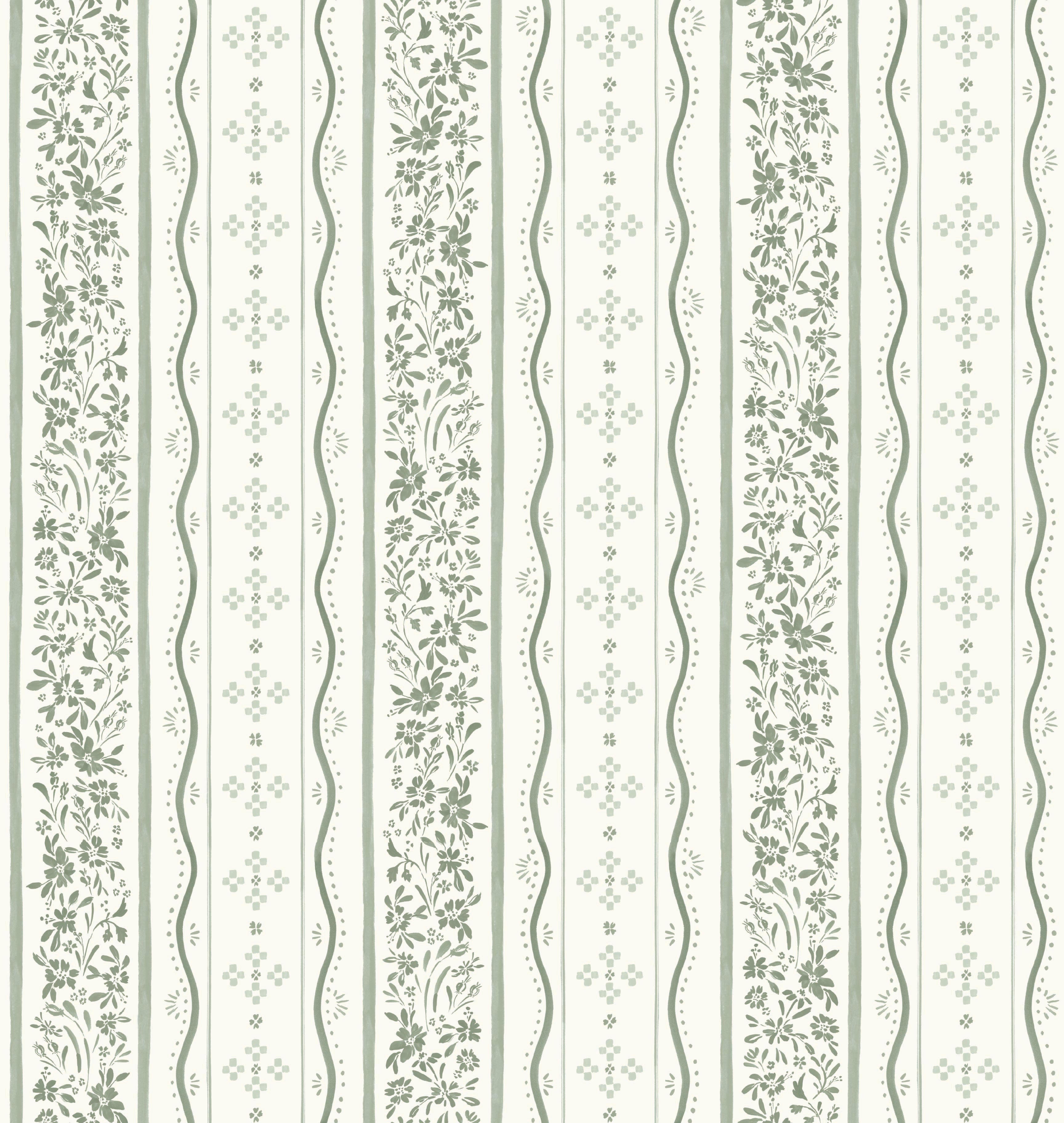 Blue White and Green Striped Traditional Wallpaper