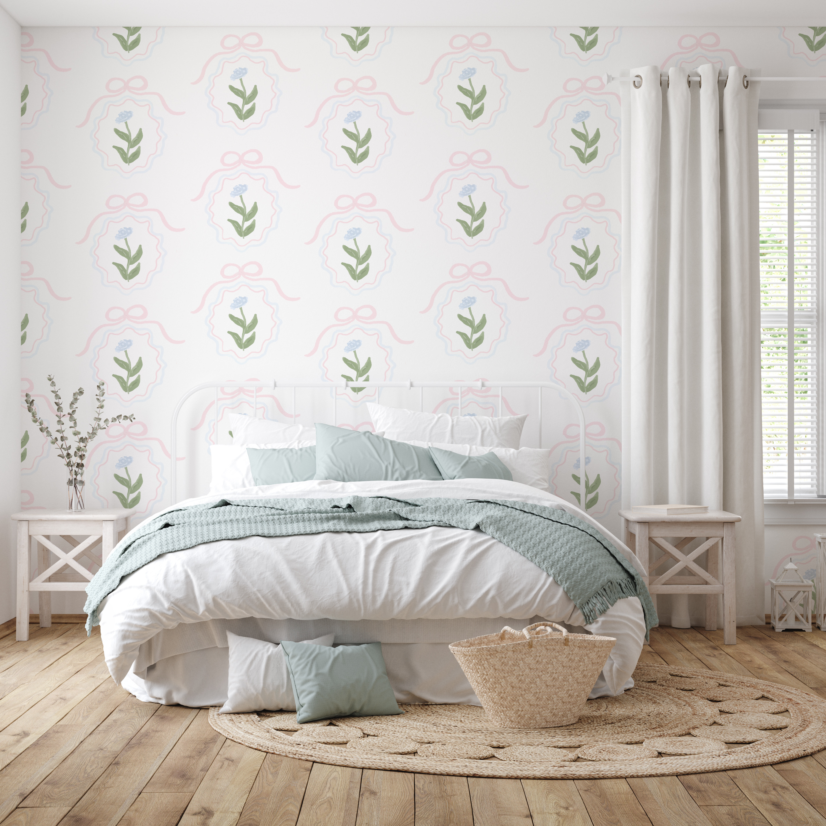 Esti Floral Removable Wallpaper - Pink, Sage-Green & White