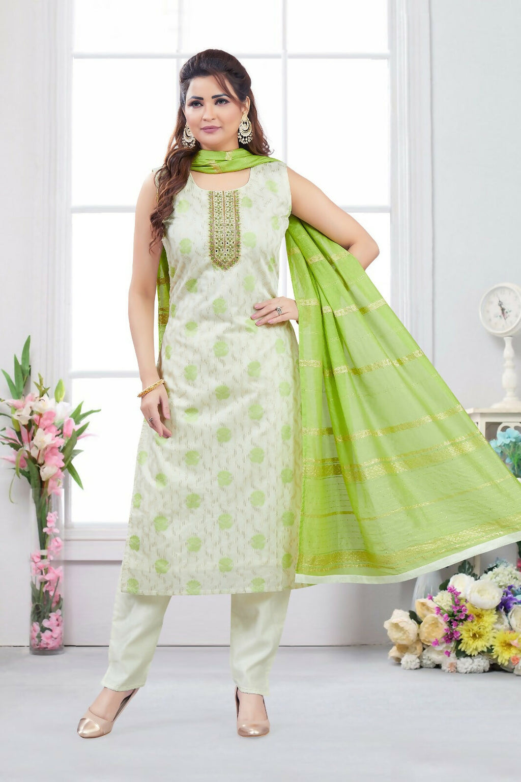 Cream Jacquard Kurta Set with Green Dupatta - 3 Piece Ethnic Suit