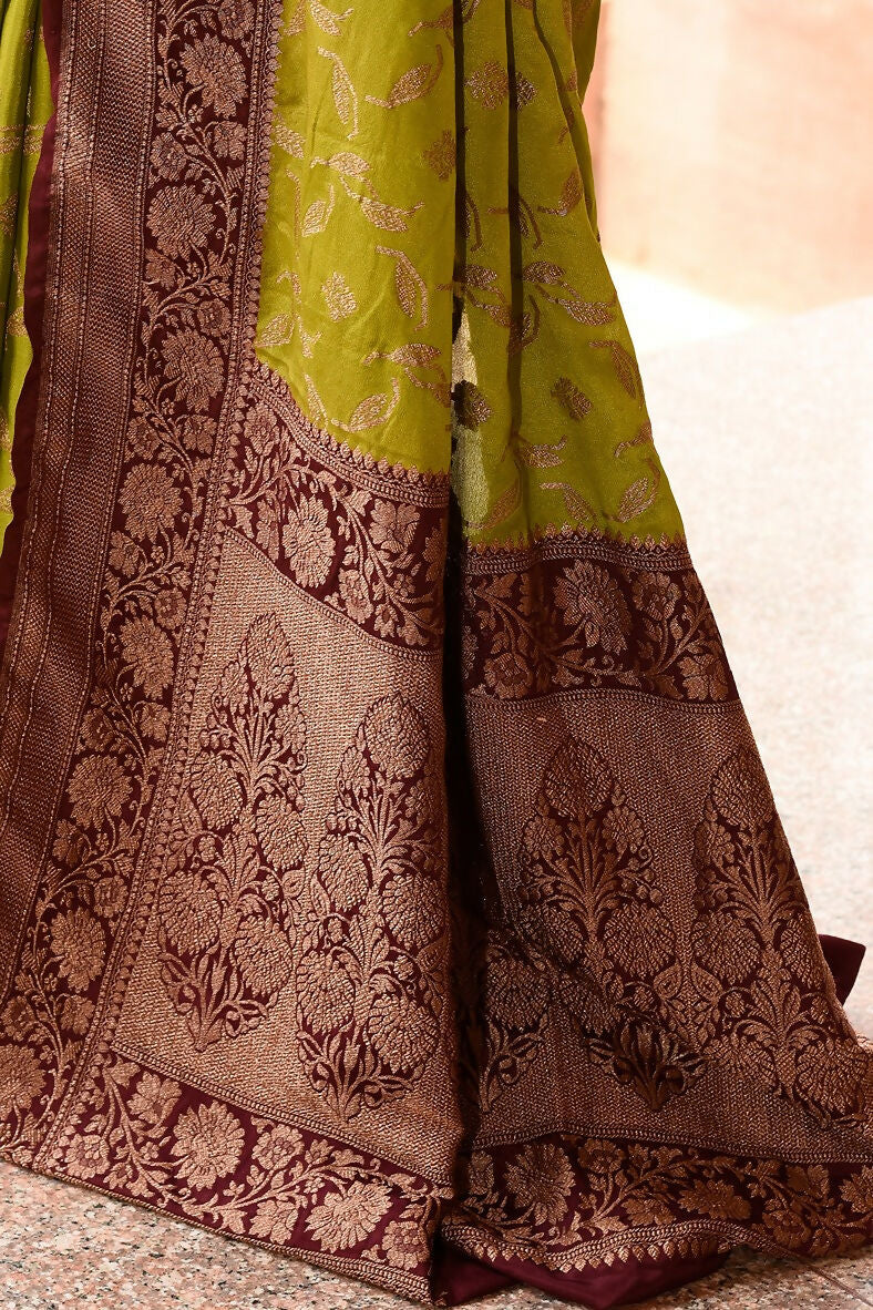 Grass Green Crepe Chiffon Banarasi Silk Saree