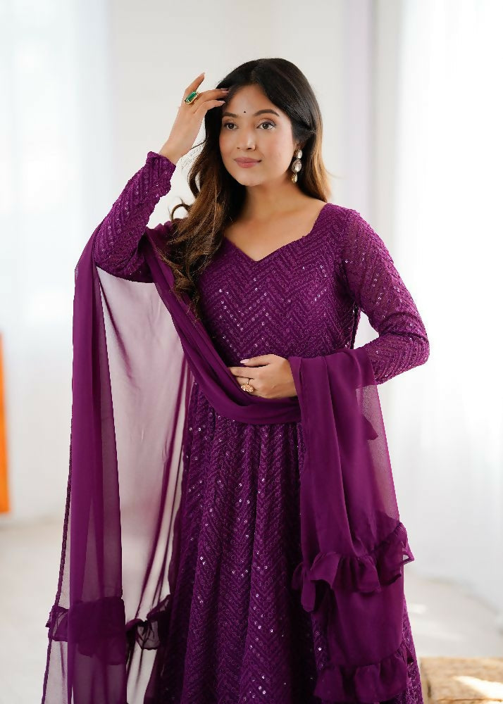 Wine Kurta Set in Georgette with Elegant Sequence Embroidery Work
