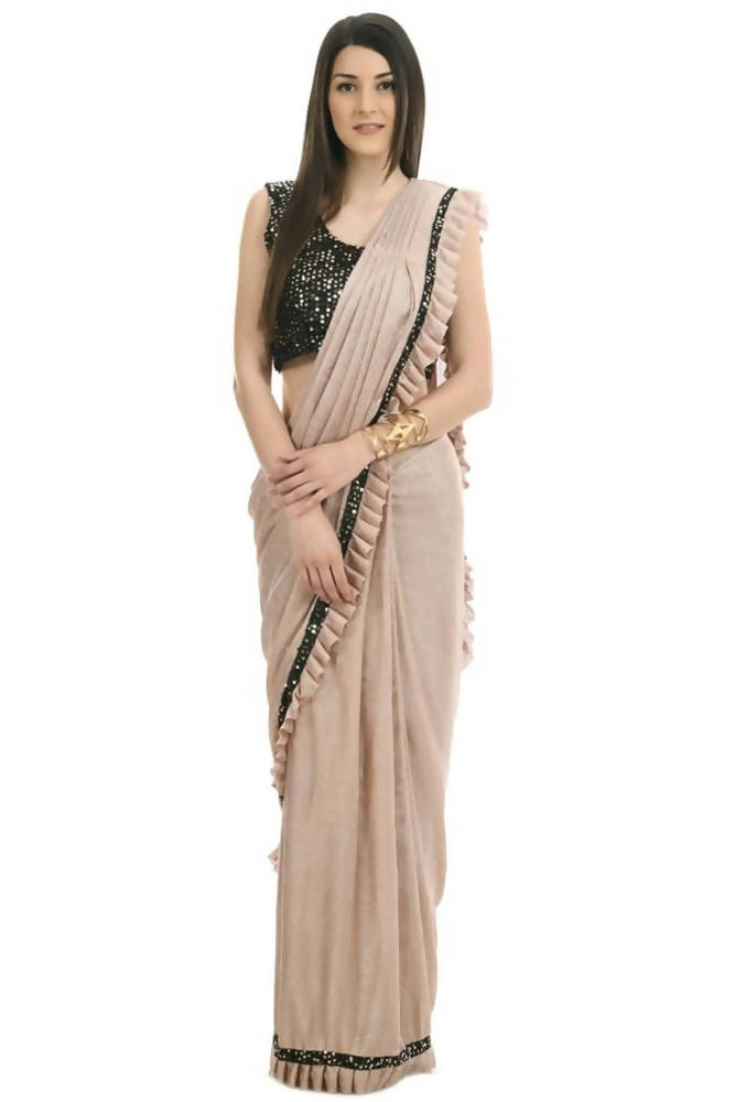 Beige and Black Ruffled Ready-to-Wear Lycra Saree with Sequin Blouse