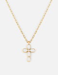 Elegant gold-tone paperclip chain necklace featuring a delicate cross pendant against a neutral background.