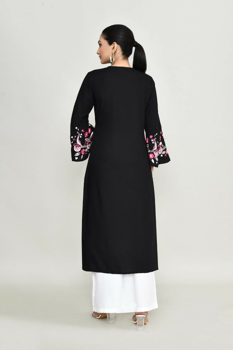 Women's Black Rayon Kurta Set with Matching Trousers