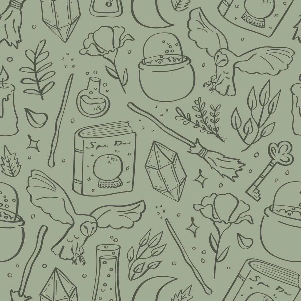 Hedwig Whimsical Wizarding-Core Wallpaper in Sage and Charcoal