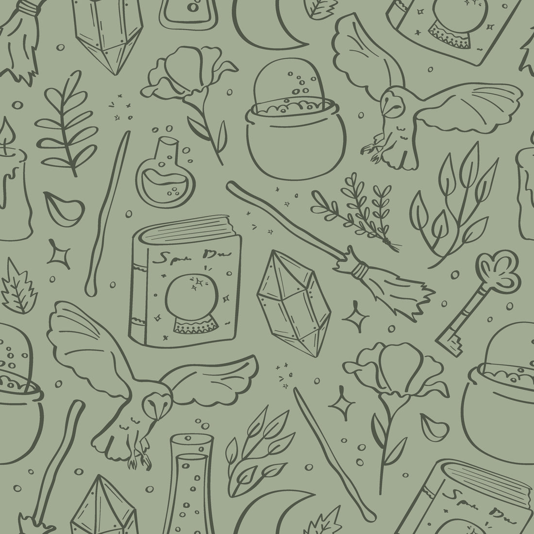 Hedwig Whimsical Wizarding-Core Wallpaper in Sage and Charcoal