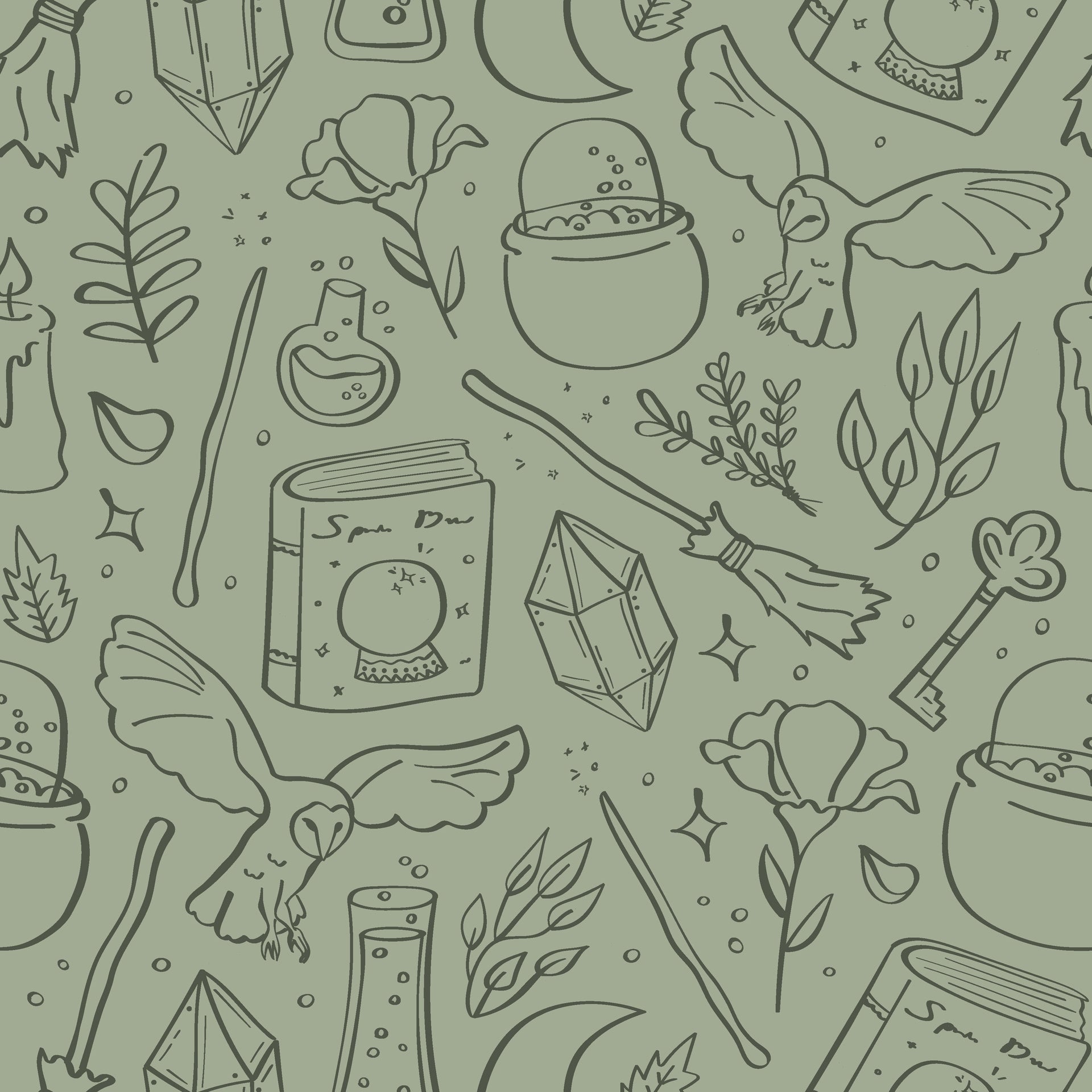 Hedwig Whimsical Wizarding-Core Wallpaper in Sage and Charcoal