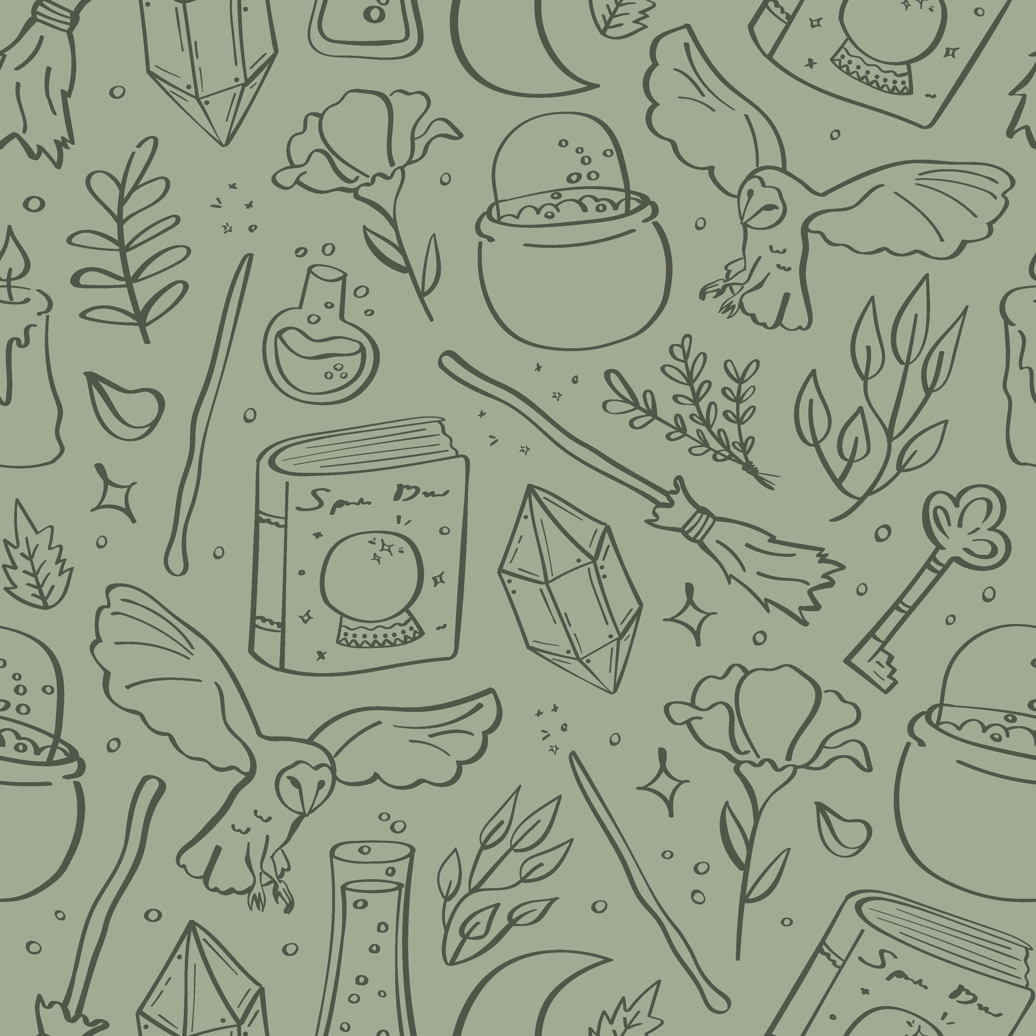 Hedwig Whimsical Wizarding-Core Wallpaper in Sage and Charcoal