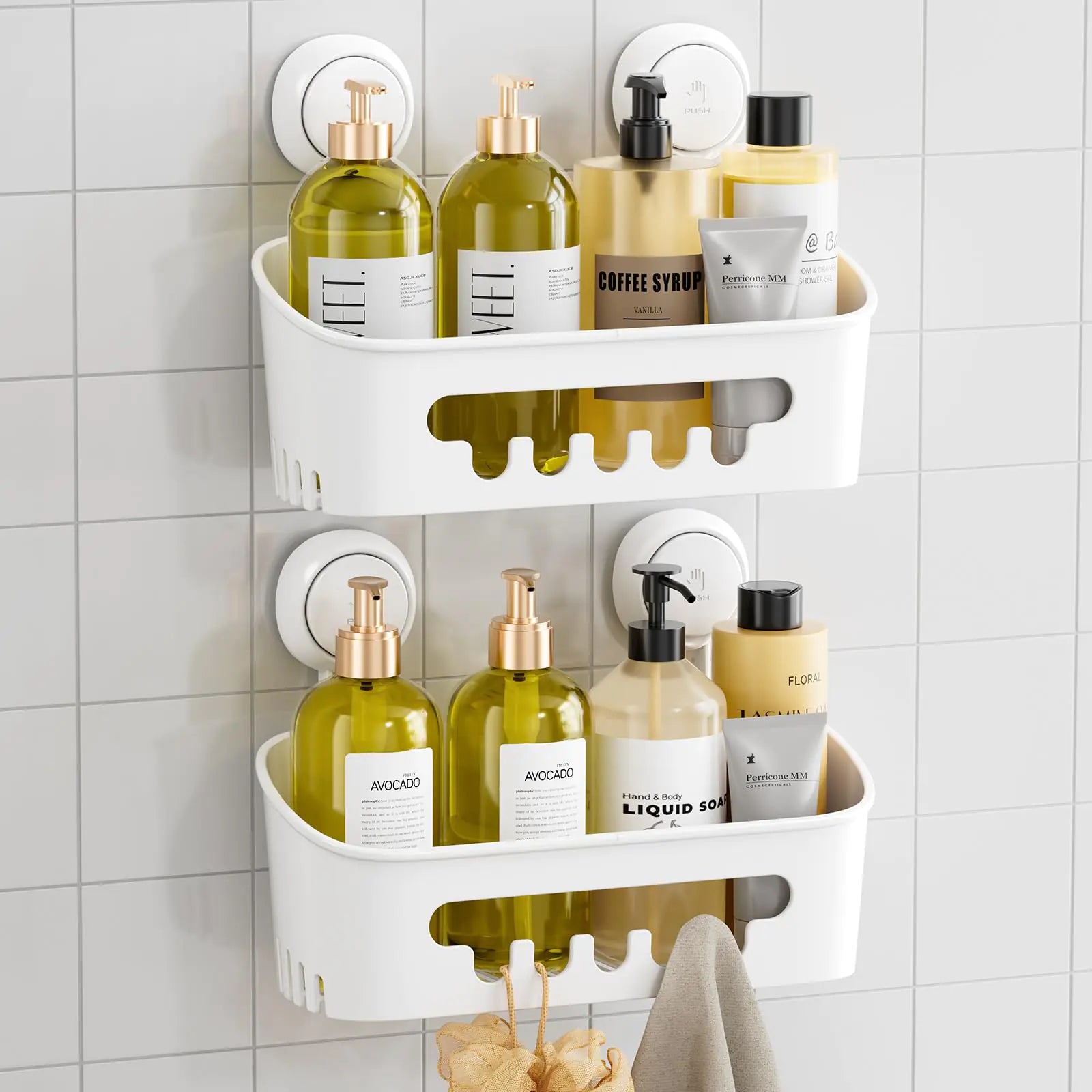 TAILI Shower Caddy Suction Cup 2 Pack Heavy Duty Bathroom Shower Organizer Removable Shelves for Inside Shower Shampoo Wall Mounted Plastic Storage for Bathroom Accessories White
