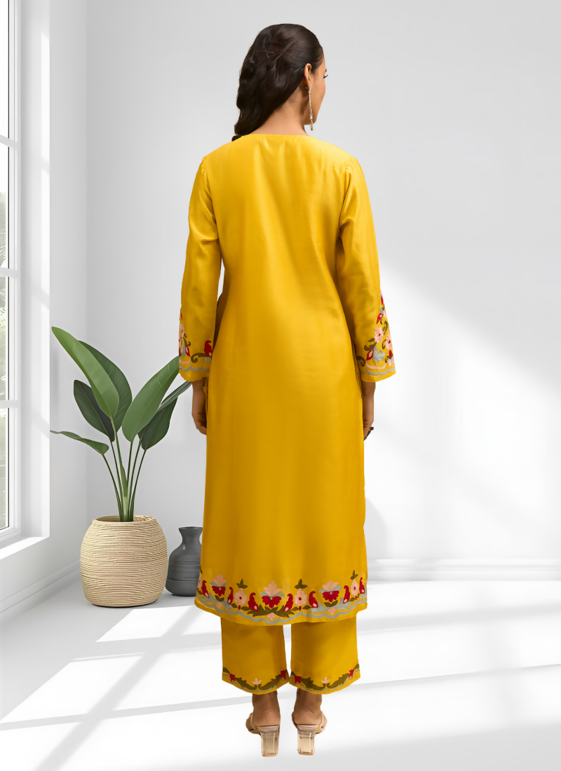 Yellow Silk Embroidered Long Kurta with Matching Pant Set