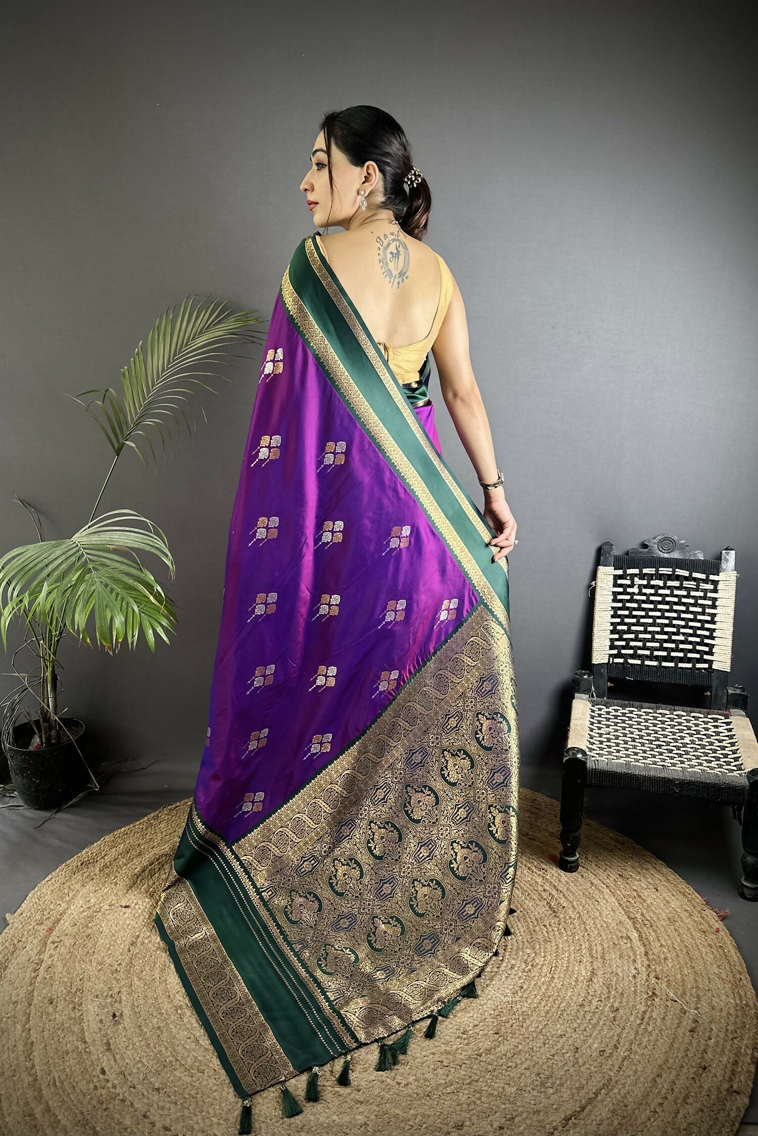 Purple Banarasi Soft Silk Woven Saree with Matching Blouse