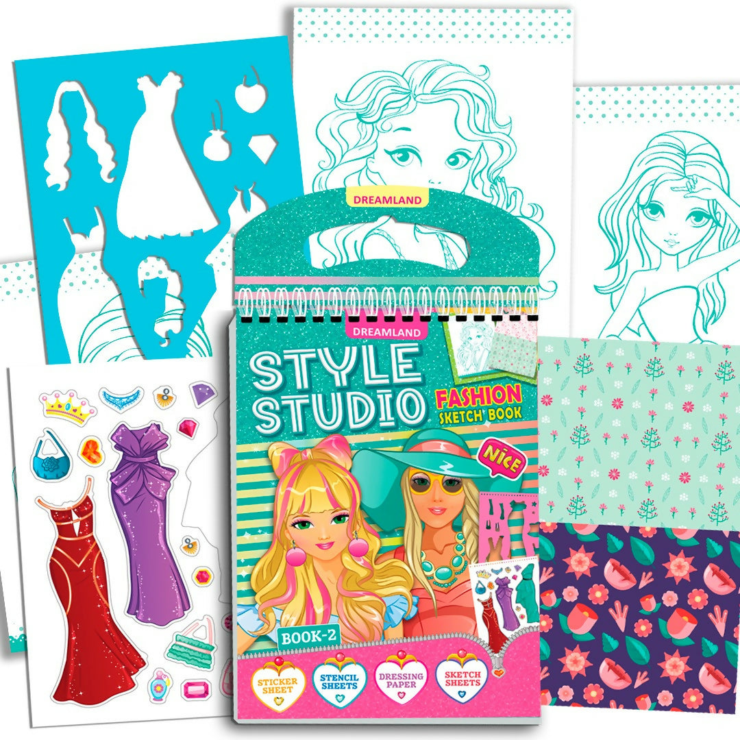 Style Studio Fashion Sketch Activity Book 2 for girls featuring pink and teal floral design