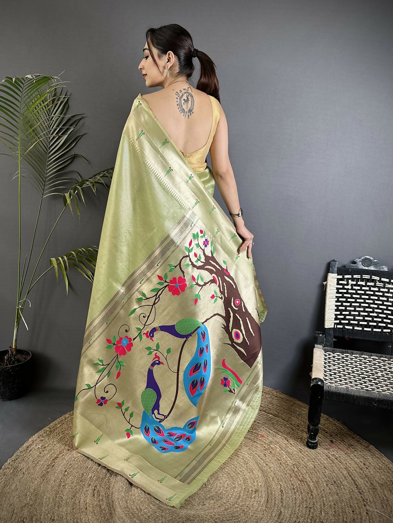 Pista Green Peacock & Floral Motif Tissue Paithani Saree Set
