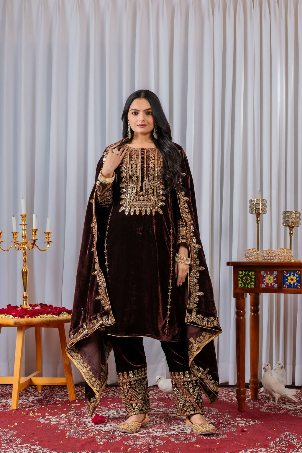 Joban Fashion Wine Velvet Sequence Embroidery Work Kurta Set