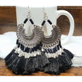 Afghani style oxidized silver chandbali earrings with black silk thread accents