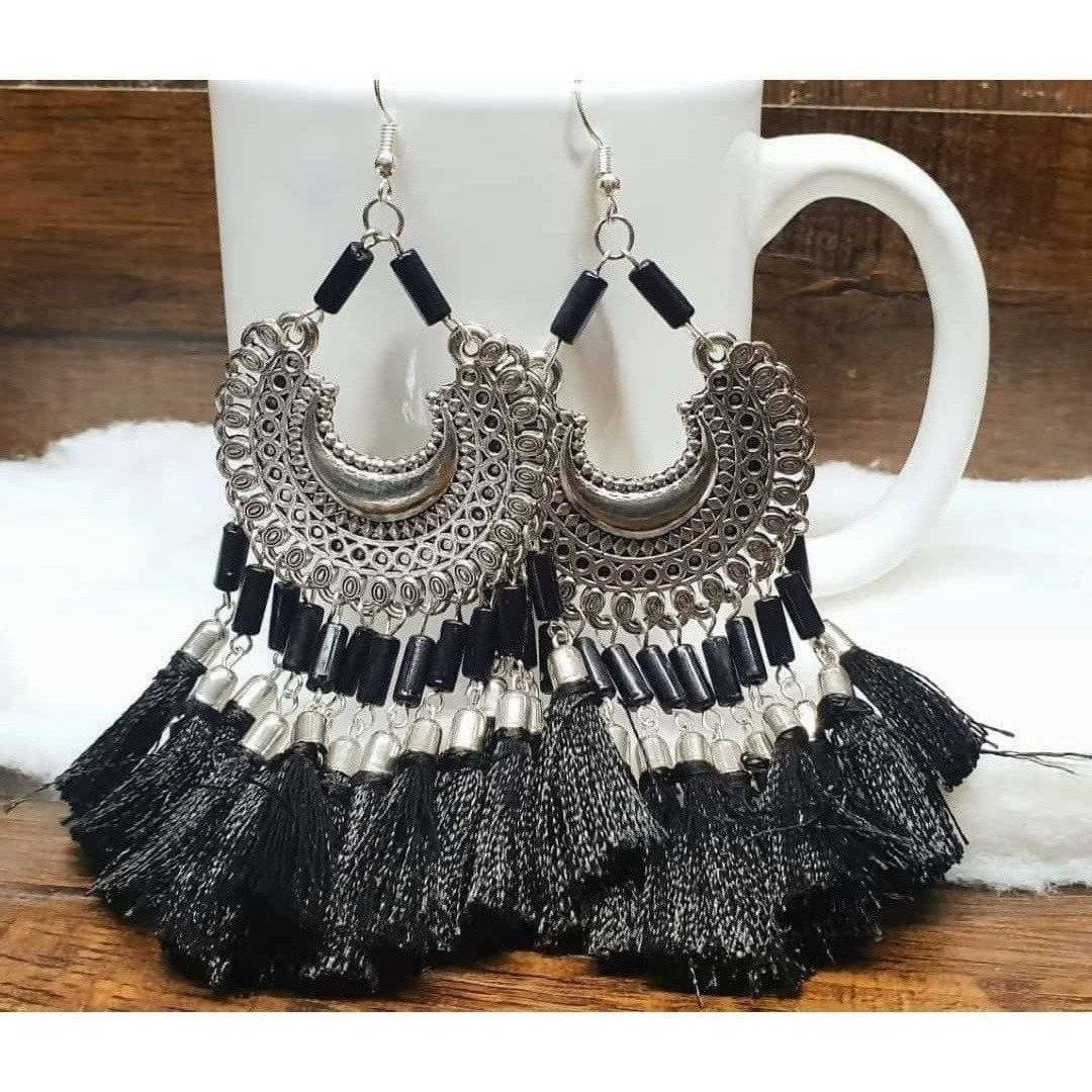 Afghani style oxidized silver chandbali earrings with black silk thread accents